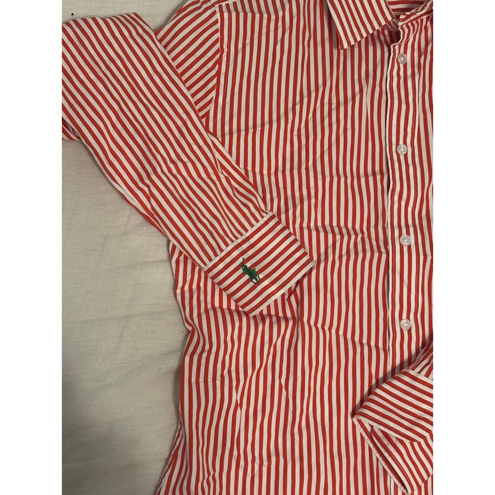 Red and White Striped Button-Up Women's Shirt - Picture 2 of 5